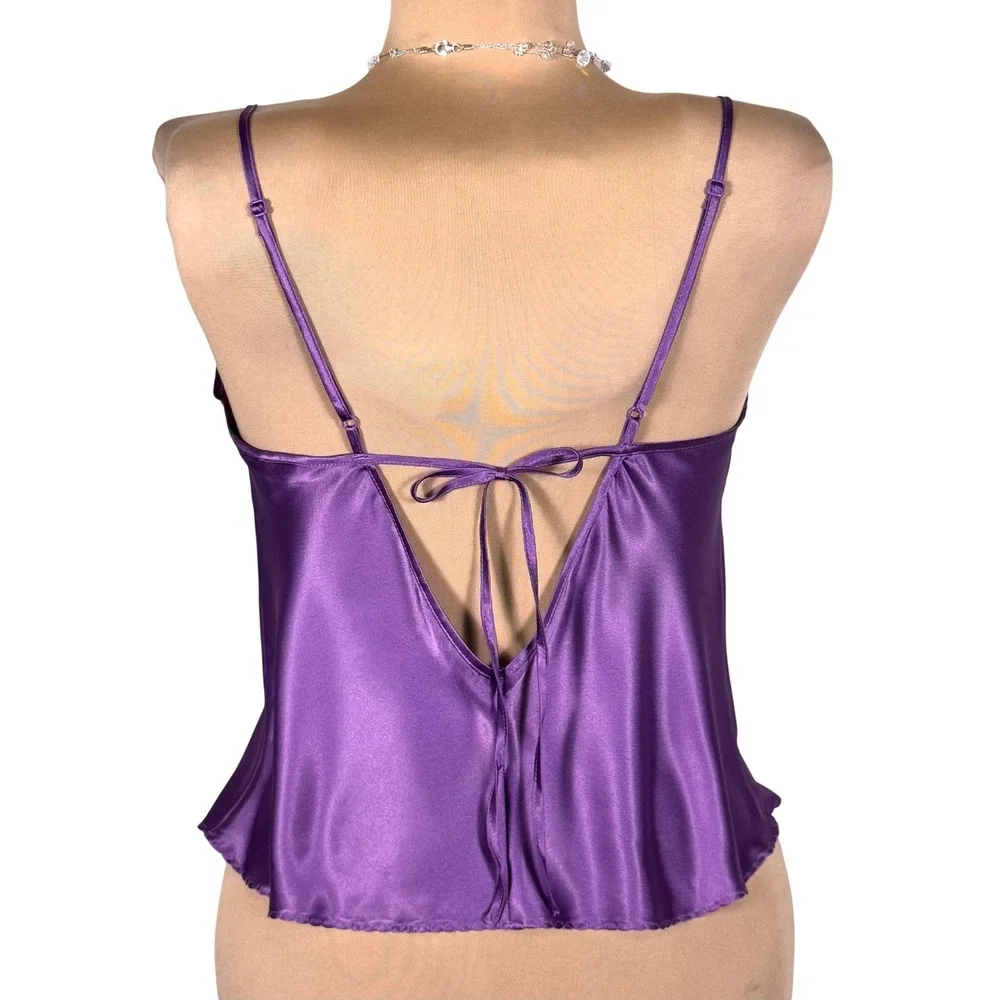 Y2K Victorias Secret Purple Satin Lace Trim Camisole Backless Top Tie Back Med